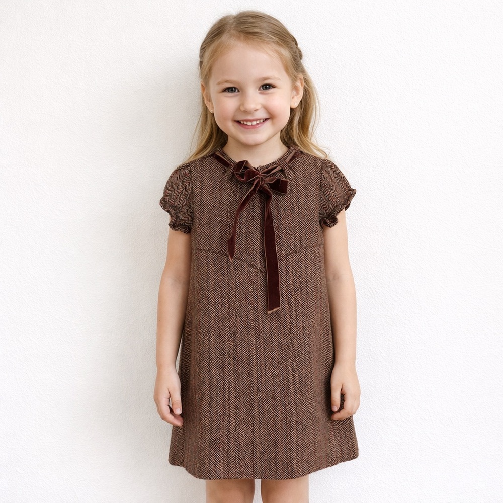 Gocco Girls 4T Brown Herringbone Wool Blend Dress with Velvet Bow